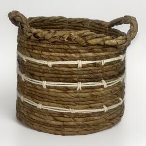 Woven Banana Leaf Coiled Basket 2 Handles- Rustic Boho Planter String Detail